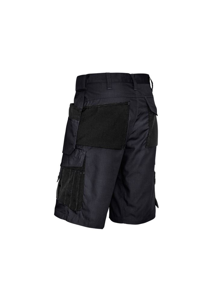 Men's ultralite multi-pocket shorts in charcoal black featuring 15 pockets, durable ripstop fabric, and built-in tool belt.