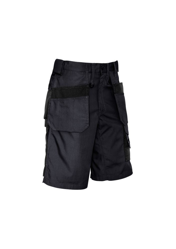 Men's charcoal black ultra-light multi-pocket shorts with 15 pockets, designed for durability and comfort in workwear.
