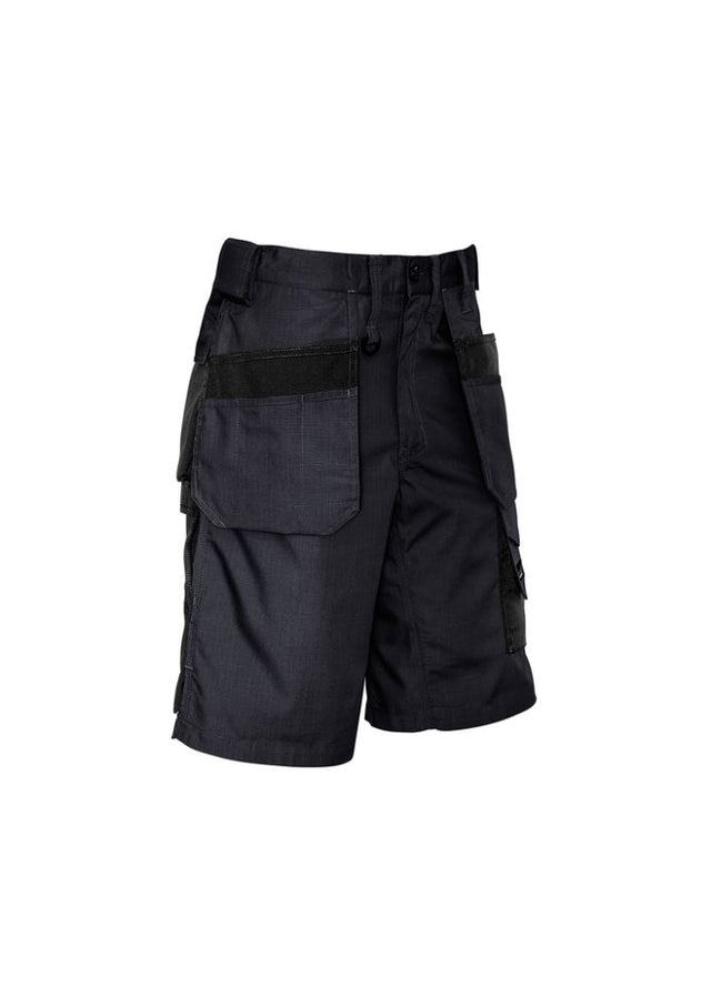 Men's charcoal black ultra-light multi-pocket shorts with 15 pockets, designed for durability and comfort in workwear.