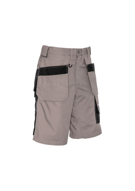 Men's khaki and black multi-pocket shorts by Syzmik, featuring 15 pockets and lightweight ripstop fabric for durability and comfort.