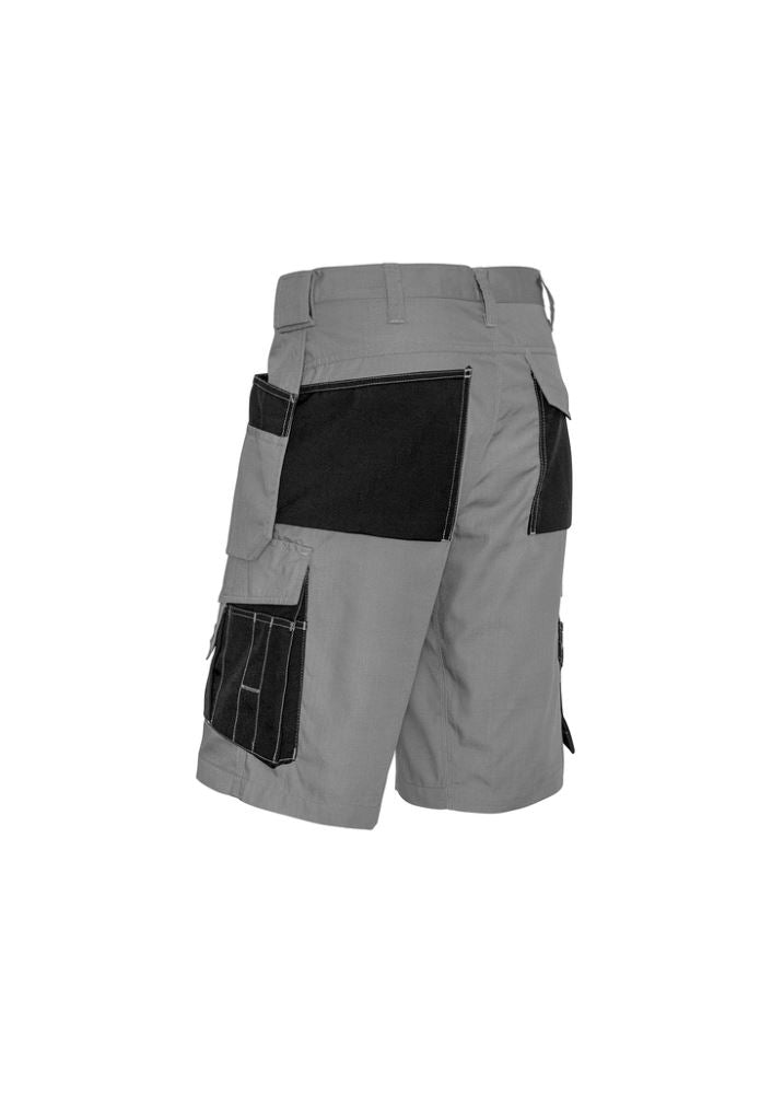 Men's silver and black multi-pocket shorts by Syzmik, featuring 15 pockets and lightweight, durable ripstop fabric.