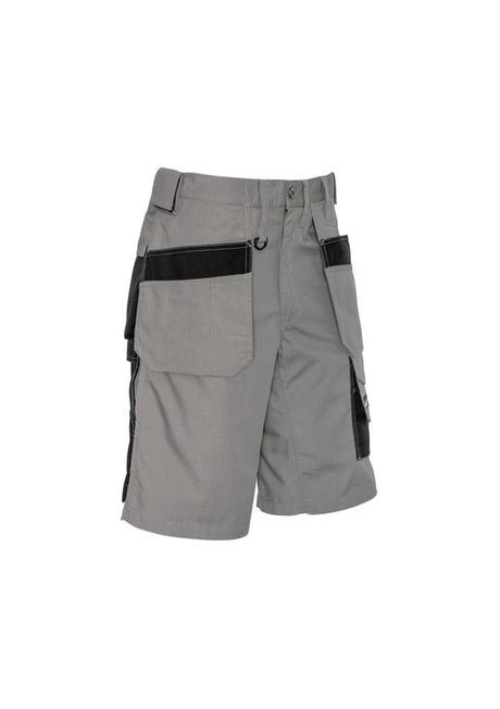 Mens Ultralite Multi-pocket Shorts in Silver/Black featuring 15 pockets and durable ripstop fabric, ideal for tradesmen.