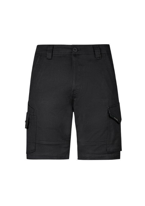 Mens Rugged Cooling Stretch Shorts in black, size 72, featuring durable ripstop fabric and multiple practical pockets.