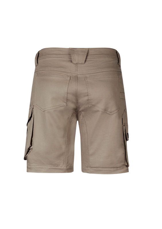 Men's khaki stretch shorts featuring ripstop fabric, triple-stitched crotch, and multiple pockets for tools and essentials.