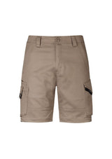 Men's khaki stretch shorts featuring ripstop fabric, large cargo pocket, and triple-stitched crotch for durability and versatility.