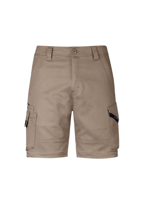 Men's khaki stretch shorts from Syzmik, featuring ripstop fabric, cargo pockets, and a modern fit for versatile workwear.