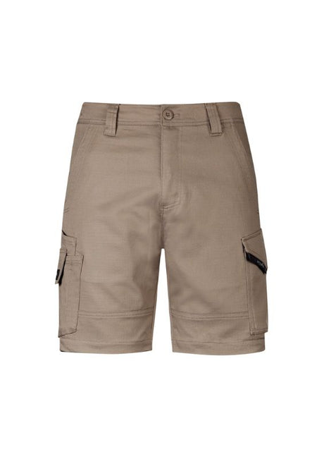 Men's khaki rugged cooling stretch shorts with multiple pockets and durable ripstop fabric, designed for comfort and movement.