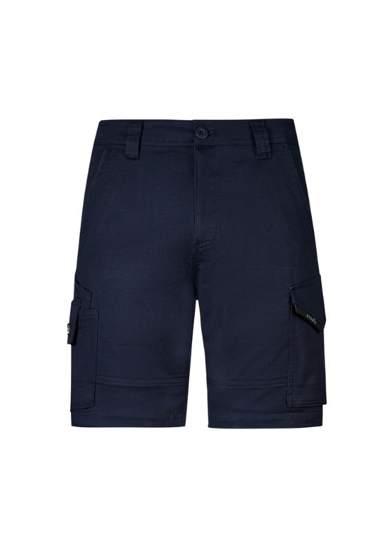 Men's Navy Rugged Cooling Stretch Shorts, Size 72, featuring durable ripstop fabric, cargo pockets, and stretch for comfort.