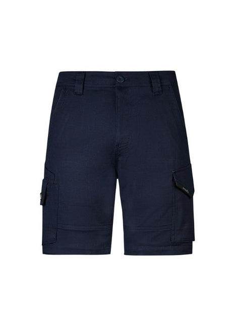 Navy men's rugged cooling stretch shorts with ripstop fabric, large pockets, and flexible fit for outdoor work and activities.