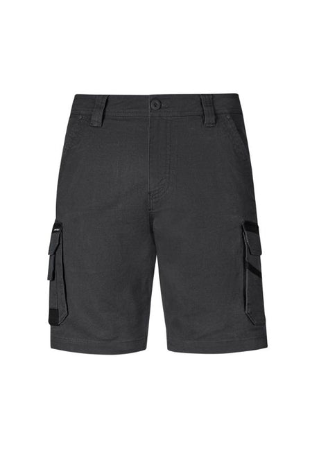 Men's charcoal work shorts featuring multiple pockets, durable cotton stretch fabric, and a modern slim fit. Size 72.