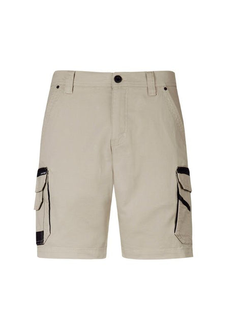 Syzmik Men's Streetworx Heritage Shorts in Stone, Size 72; durable, flexible, slim fit with multiple pockets for workwear.