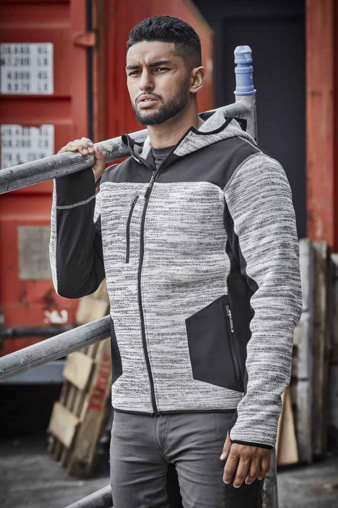 Unisex Navy Black reinforced knit hoodie with thumb holes, zip pockets, and durable polyester for comfort and style.