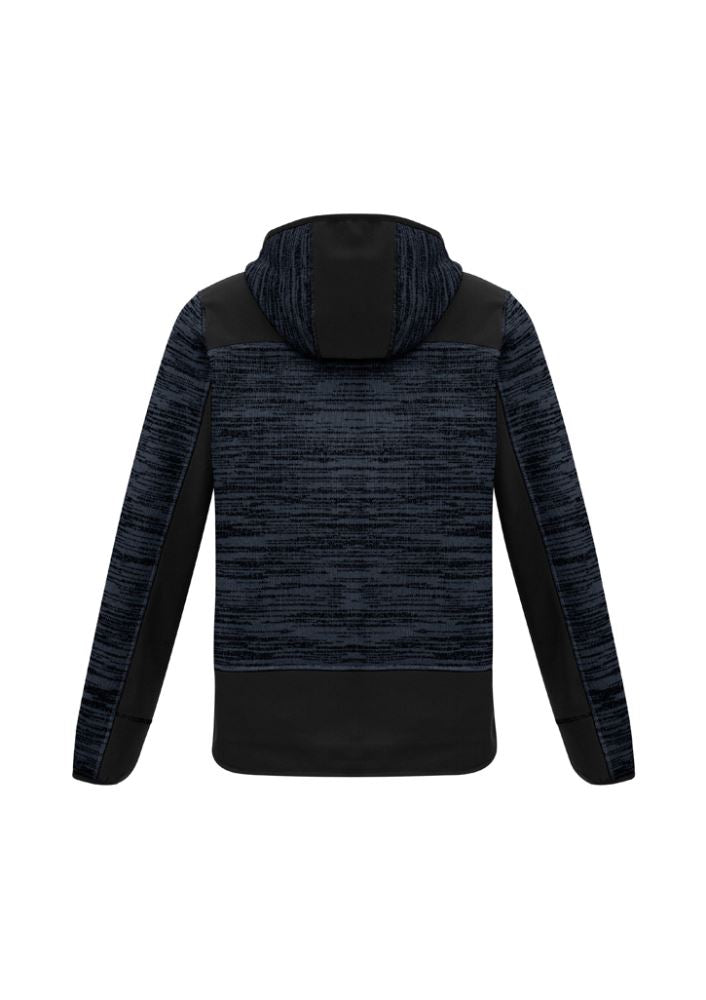 Durable unisex hoodie in gunmetal black with reinforced soft shell panels, thumb holes, and multiple secure pockets.