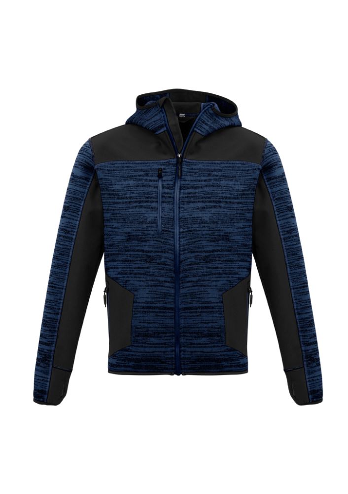 Unisex navy-black reinforced knit hoodie with thumb holes, zip pockets, and durable soft shell for style and functionality.
