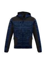 Unisex navy-black reinforced knit hoodie with thumb holes, zip pockets, and durable soft shell for style and functionality.