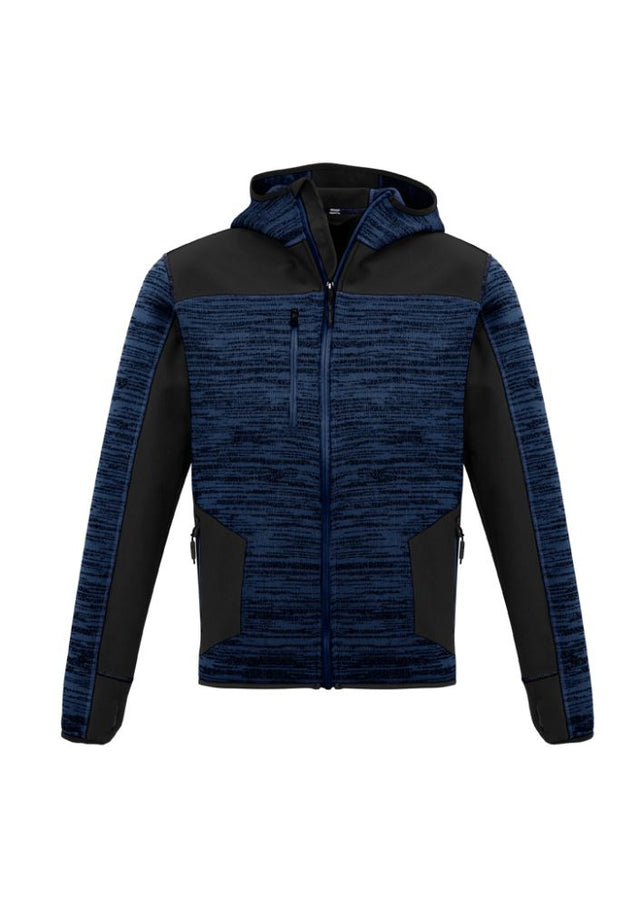 Unisex navy-black reinforced knit hoodie with thumb holes, zip pockets, and durable soft shell for style and functionality.