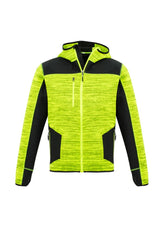 Vibrant yellow and black unisex hoodie featuring reinforced panels, thumb holes, and multiple zip pockets for convenience.