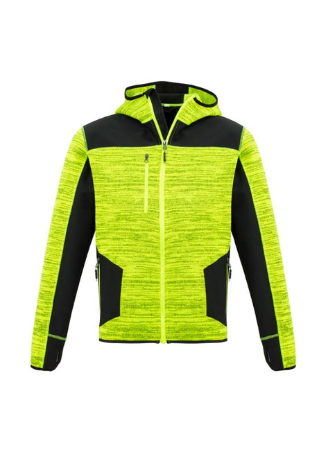Vibrant yellow and black unisex hoodie featuring reinforced panels, thumb holes, and multiple zip pockets for convenience.