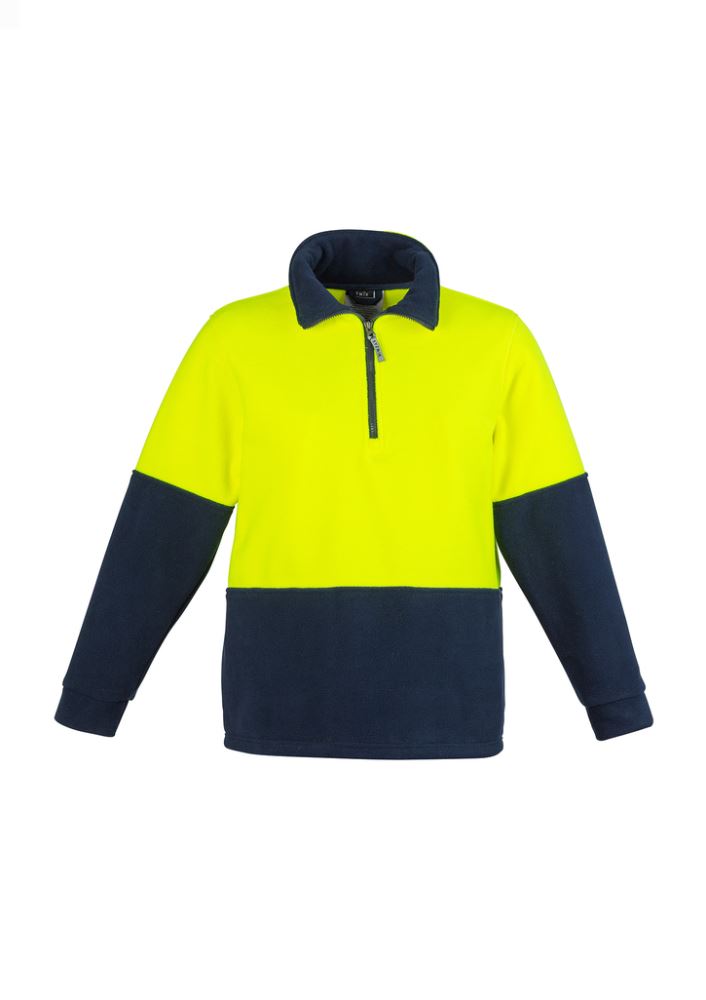 Unisex Hi-Vis Half Zip Fleece Jumper in yellow and navy, featuring comfort cuffs and side pockets for warmth and safety.