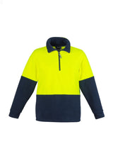 Unisex Hi-Vis Half Zip Fleece Jumper in yellow and navy, featuring comfort cuffs and side pockets for warmth and safety.