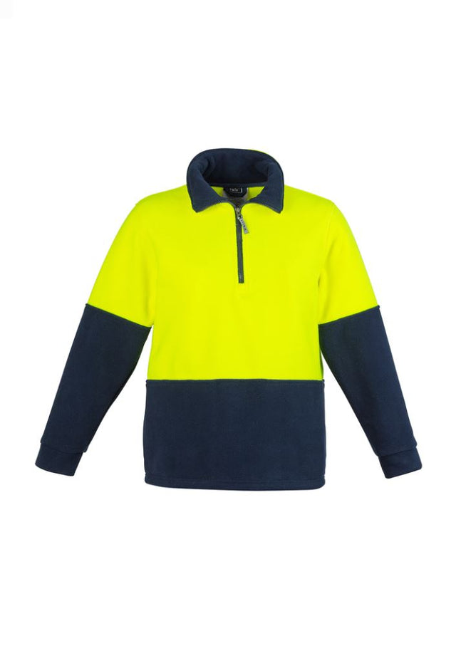 Unisex hi-vis half-zip fleece jumper in yellow and navy, featuring anti-pill fabric, comfort cuffs, and side seam pockets.