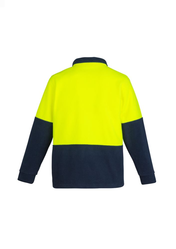 Unisex Hi-Vis Half Zip Fleece Jumper in yellow and navy, featuring comfort cuffs, side pockets, and adjustable ventilation.