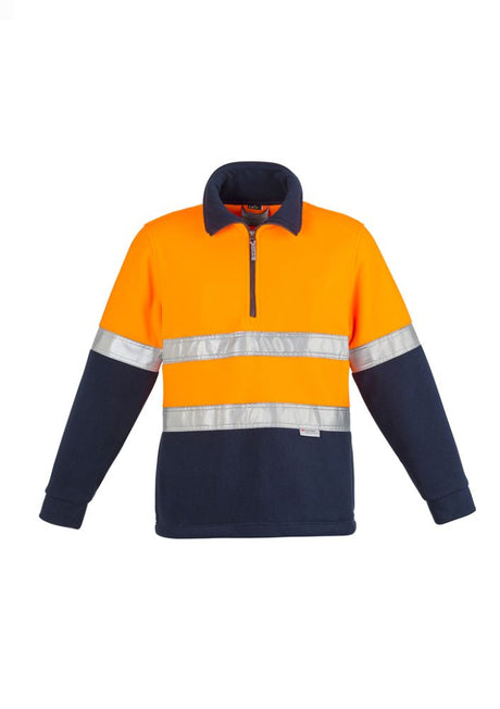 Orange and navy men's Hi-Vis fleece jumper with hooped reflective tape, half-zip, and side seam pockets for warmth.