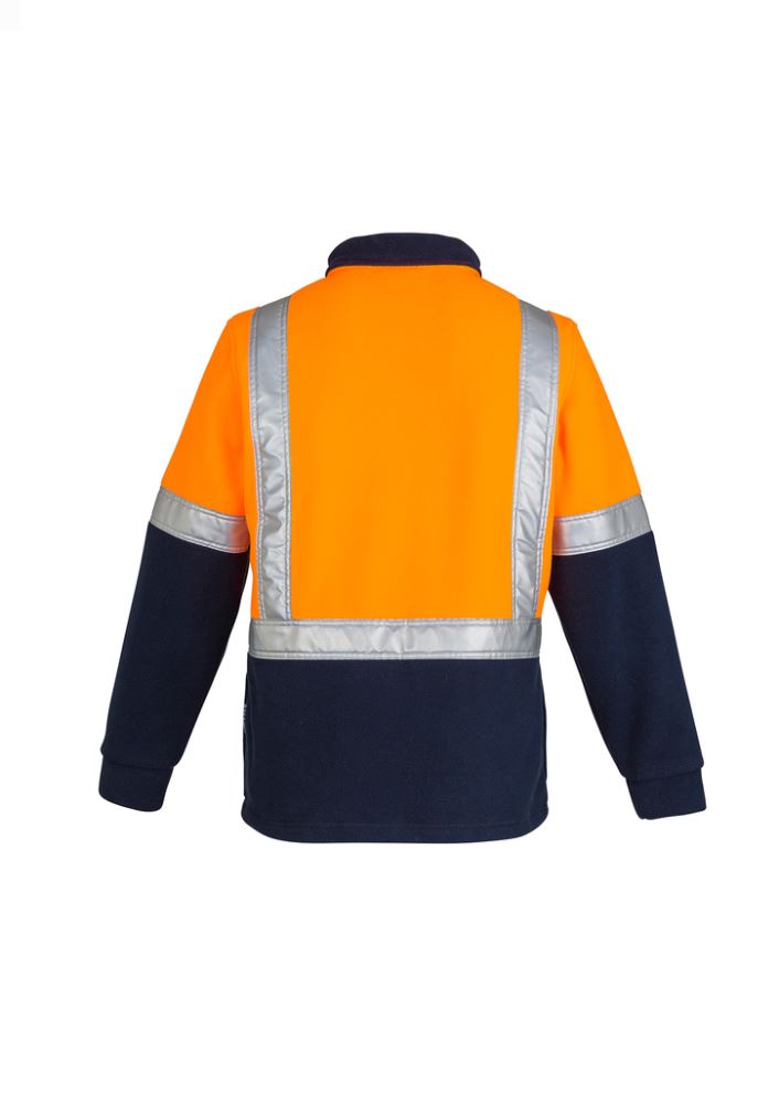 Men's Hi-Vis fleece jumper in orange and navy with 3M reflective tape, half zip, side pockets, and comfort cuffs for outdoor work.