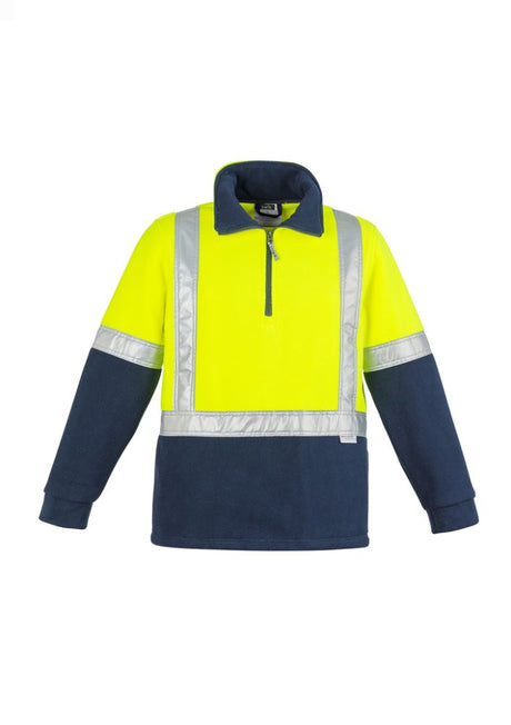 High-visibility yellow/navy fleece jumper with reflective tape, side pockets, and half-zip for comfort in cold conditions.