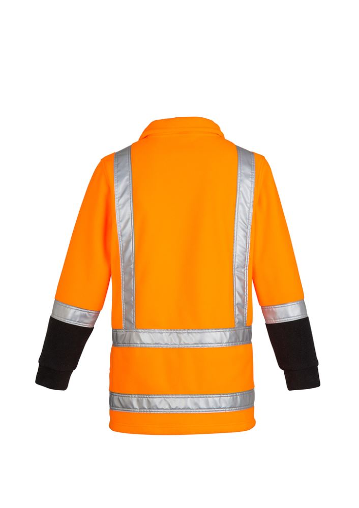 Men's orange fleece jumper with reflective tape, half zip, and side pockets for warmth and safety in cold conditions.