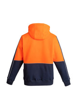 Men's Hi-Vis Full Zip Hoodie in orange and navy, featuring durable fabric, zippered pockets, and a comfy lined hood for work safety.