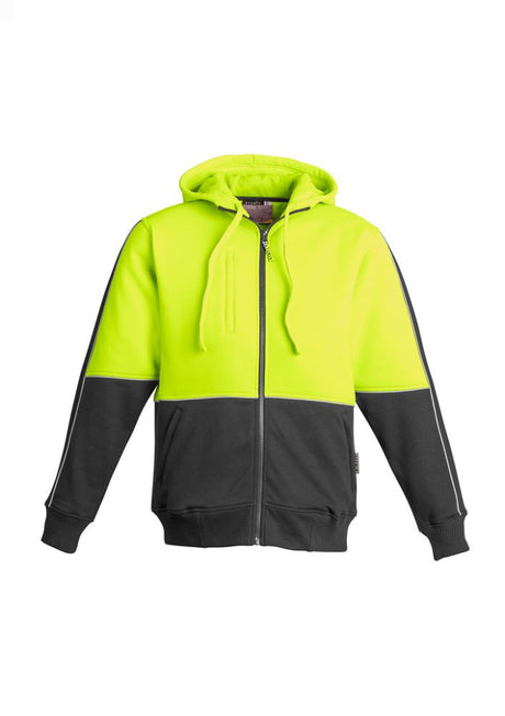 Men's Hi-Vis Full Zip Hoodie in Yellow and Charcoal with reflective detail, durable fabric, and functional pockets for work safety.