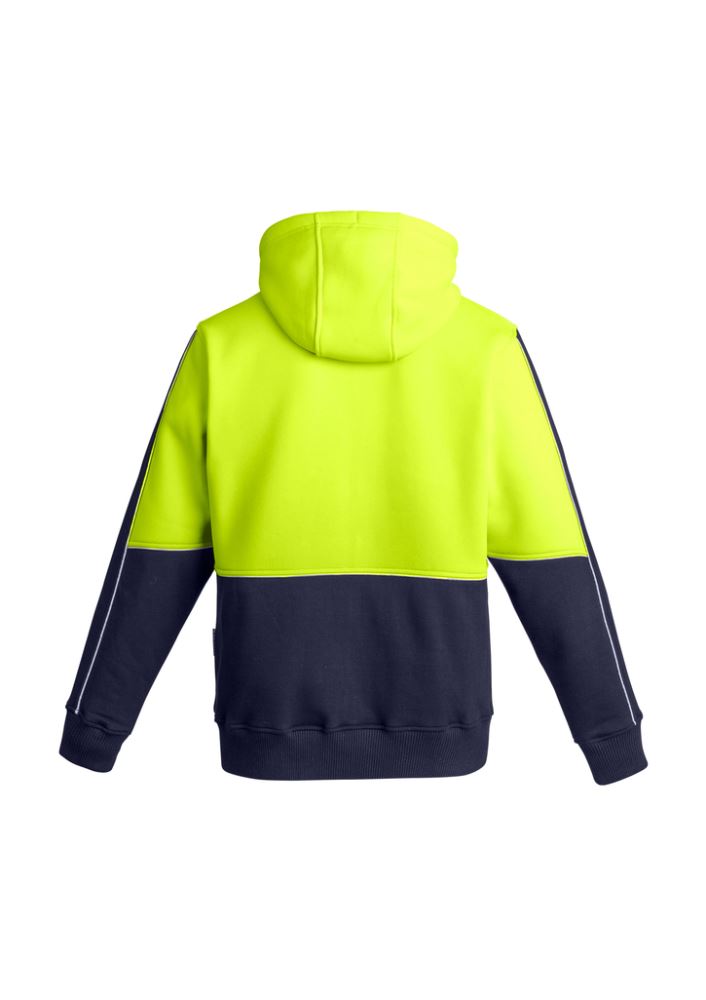 Men's Hi-Vis Full Zip Hoodie in yellow/navy with reflective details, pockets, and cozy microfiber-lined hood for safety and comfort.