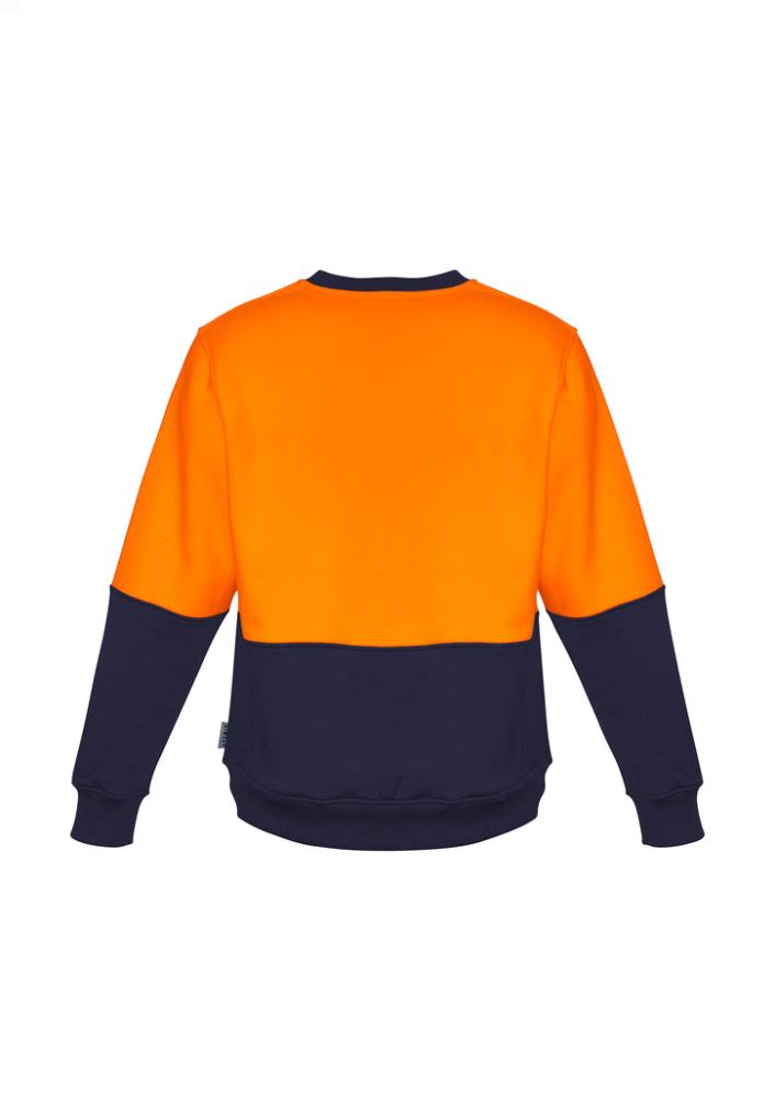 Unisex hi-vis sweatshirt in orange and navy, featuring fleece lining and ribbed cuffs for warmth and comfort during outdoor work.
