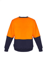 Unisex hi-vis sweatshirt in orange and navy, featuring fleece lining and ribbed cuffs for warmth and comfort during outdoor work.