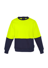 Unisex Hi-Vis Crew Sweatshirt in orange and navy, featuring fleece lining, ribbed cuffs, and optimal visibility for outdoor work.