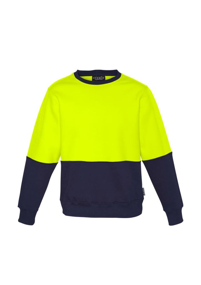 Unisex Hi-Vis Crew Sweatshirt in yellow and navy, featuring a round neck and ribbed cuffs for comfort and visibility.