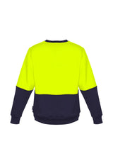 High-visibility yellow and navy unisex crew sweatshirt with fleece lining, ideal for work in cold conditions.