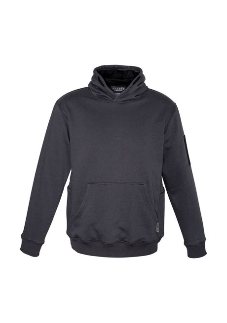 Unisex charcoal black multi-pocket hoodie with fleece lining, safety drawstring, and various secure pockets for tools and phone.
