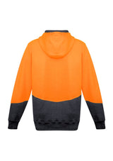 Unisex hi-vis textured jacquard hoodie in orange/charcoal, featuring durable fabric, two zip pockets, and adjustable fit.