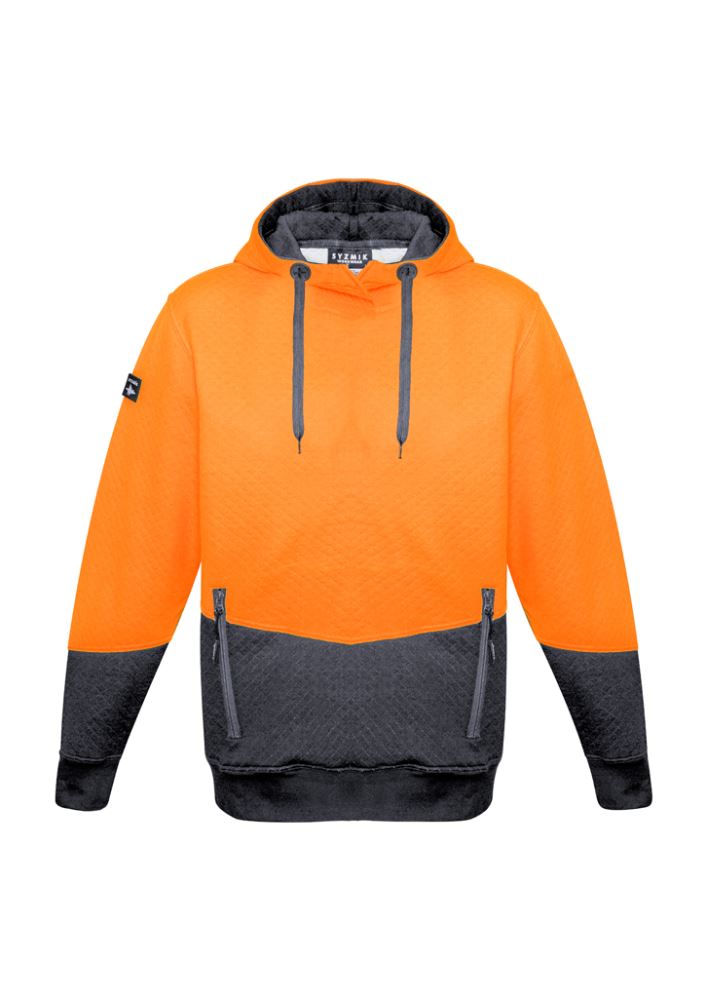 Unisex Hi-Vis textured jacquard hoodie in orange and charcoal with pockets, drawstring, and ribbed cuffs for comfort and style.