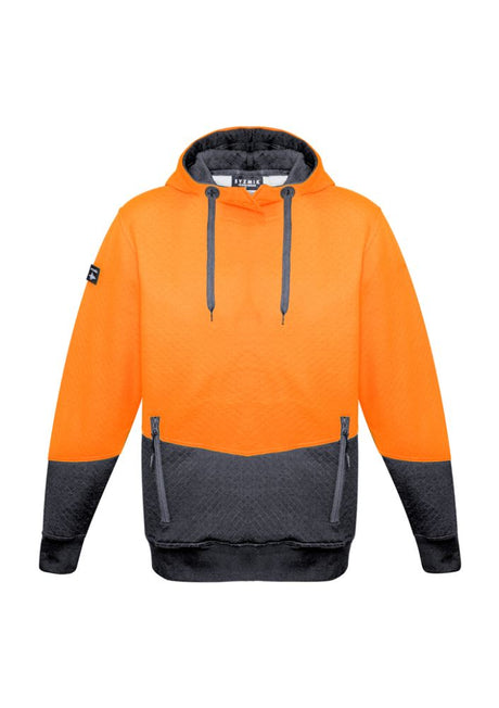 Unisex Hi-Vis textured jacquard hoodie in orange and charcoal with pockets, drawstring, and ribbed cuffs for comfort and style.