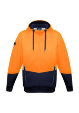 Unisex hi-vis orange and navy textured jacquard hoodie, 3XL, with zip pockets, adjustable drawstring, and ribbed cuffs for comfort.