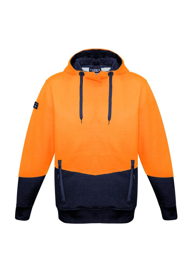Unisex hi-vis orange and navy textured jacquard hoodie, 3XL, with zip pockets, adjustable drawstring, and ribbed cuffs for comfort.