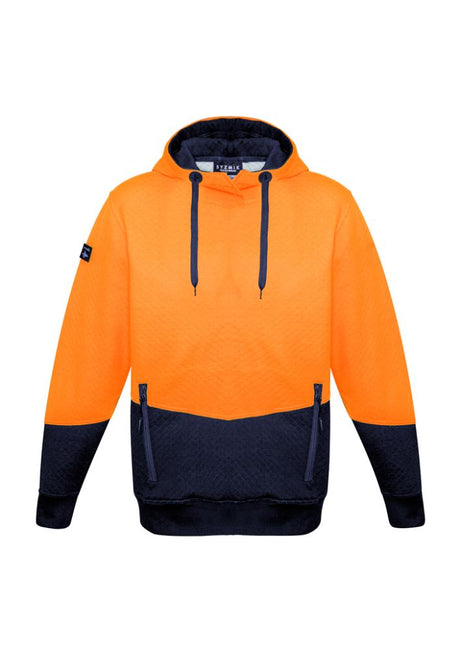 Unisex high-visibility orange and navy hoodie with textured fabric, zip pockets, and elastic cuffs, ideal for outdoor work.