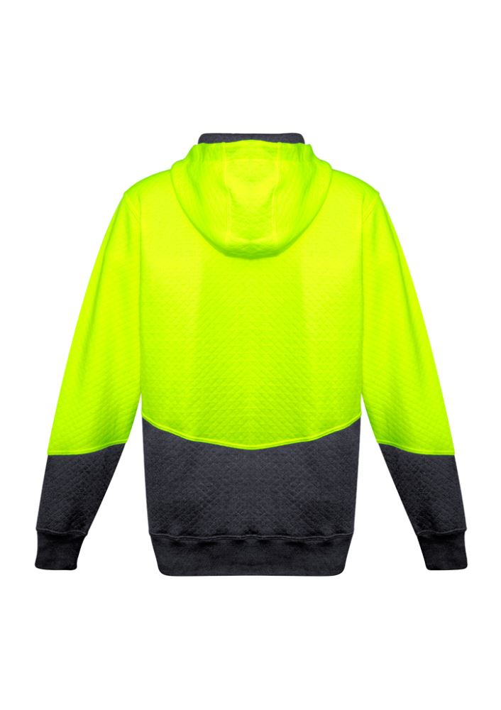 Unisex yellow and charcoal high-visibility jacquard hoodie with textured fabric, zipper pockets, and ribbed cuffs for comfort.