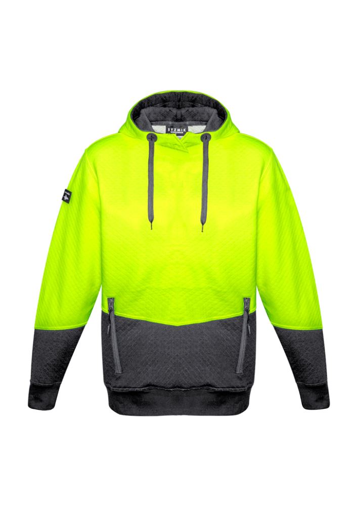 Unisex Hi-Vis Jacquard Hoodie in yellow and charcoal, featuring textured fabric, zip pockets, and adjustable drawstring.