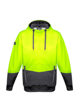 Unisex Hi-Vis Jacquard Hoodie in yellow and charcoal, featuring textured fabric, zip pockets, and adjustable drawstring.