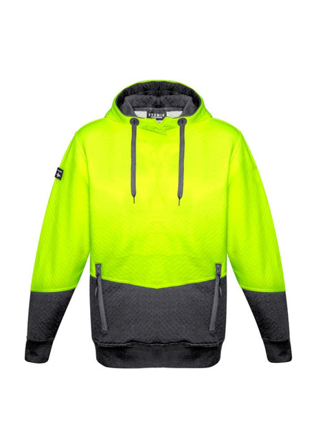 Unisex Hi-Vis Jacquard Hoodie in yellow and charcoal, featuring textured fabric, zip pockets, and adjustable drawstring.