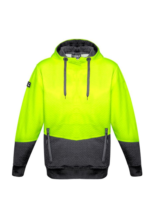 Unisex Hi-Vis Jacquard Hoodie in yellow and charcoal, featuring textured fabric, zip pockets, and adjustable drawstring.
